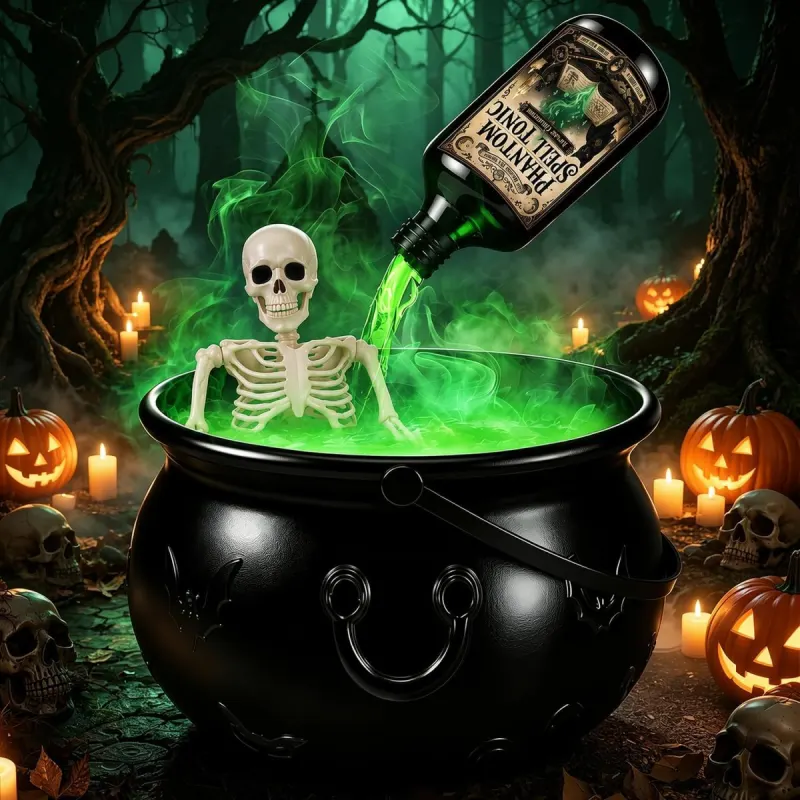 Caldero de bruja Halloween con esqueleto y niebla verde