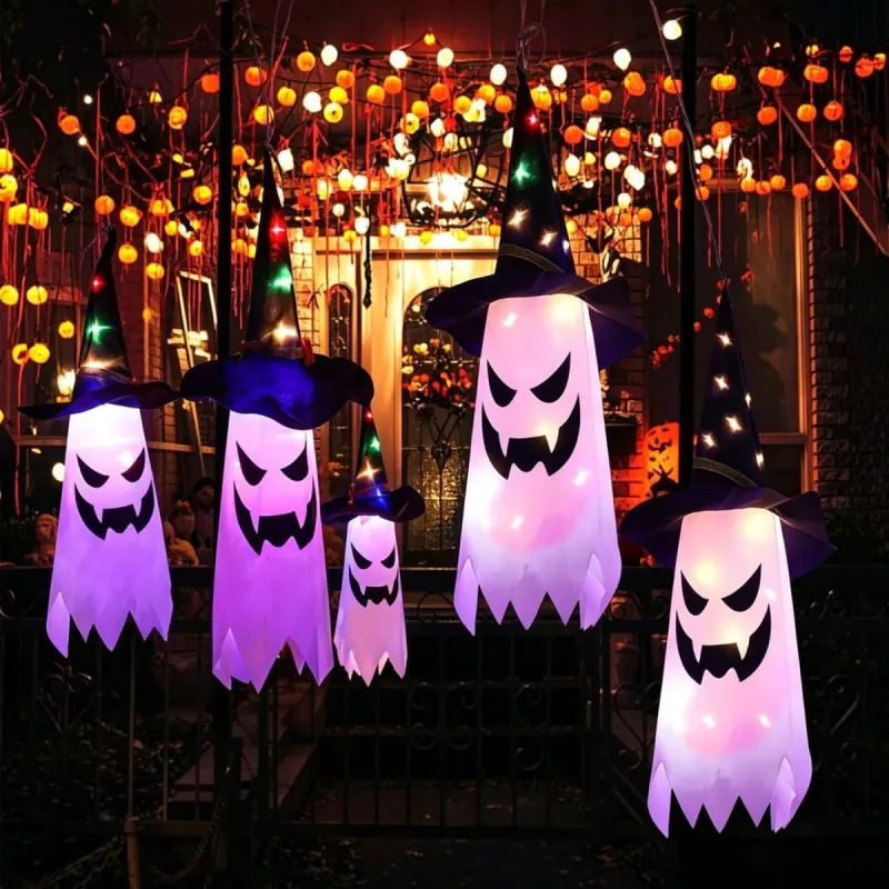 Decoración Halloween exterior: 5 fantasmas con sombrero de bruja
