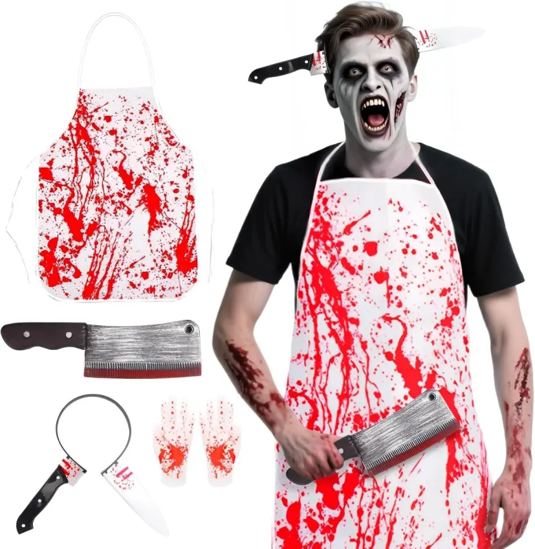 Disfraz carnicero Halloween: delantal y cuchillo sangrientos