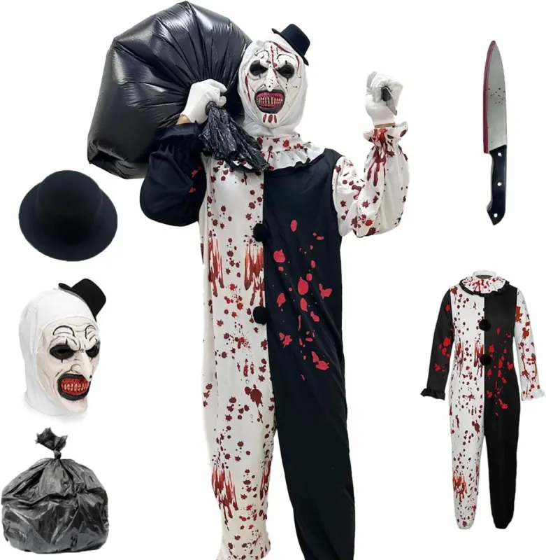 Disfraz de payaso asesino: mono, máscara y daga para Halloween