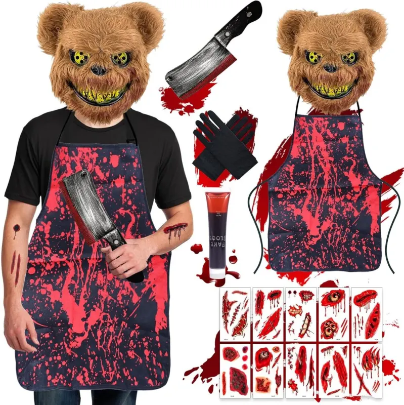 Disfraz Oso Terror Halloween: máscara, delantal y cuchillo