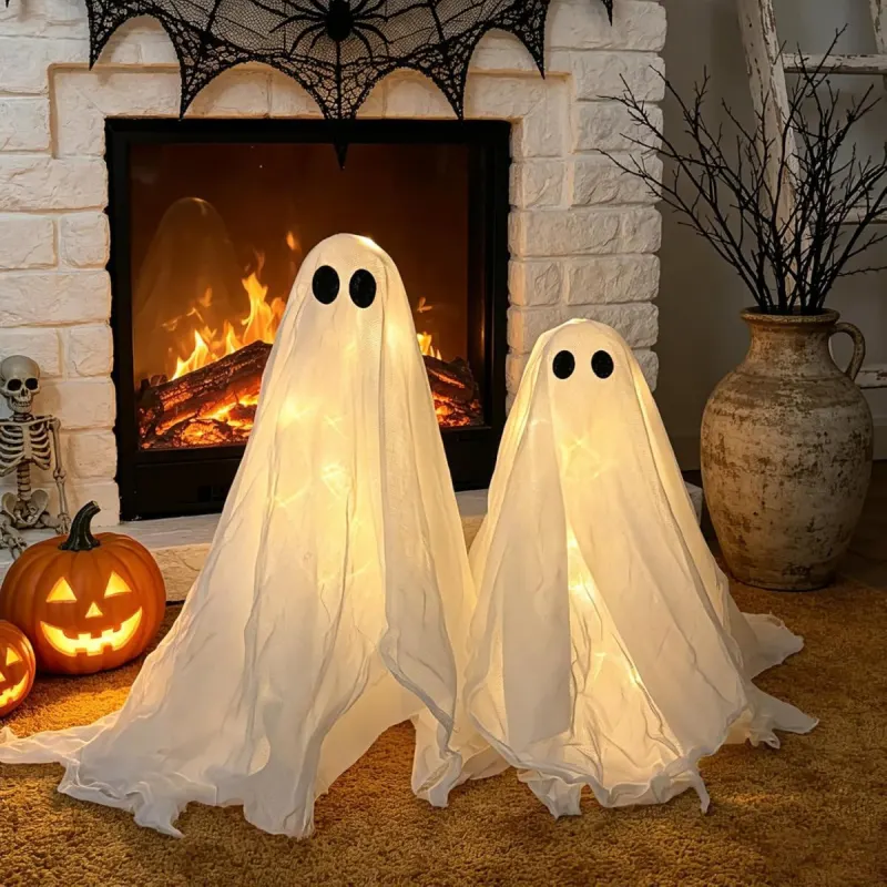 Fantasma luminoso Halloween: lote de 2 con luz LED cálida