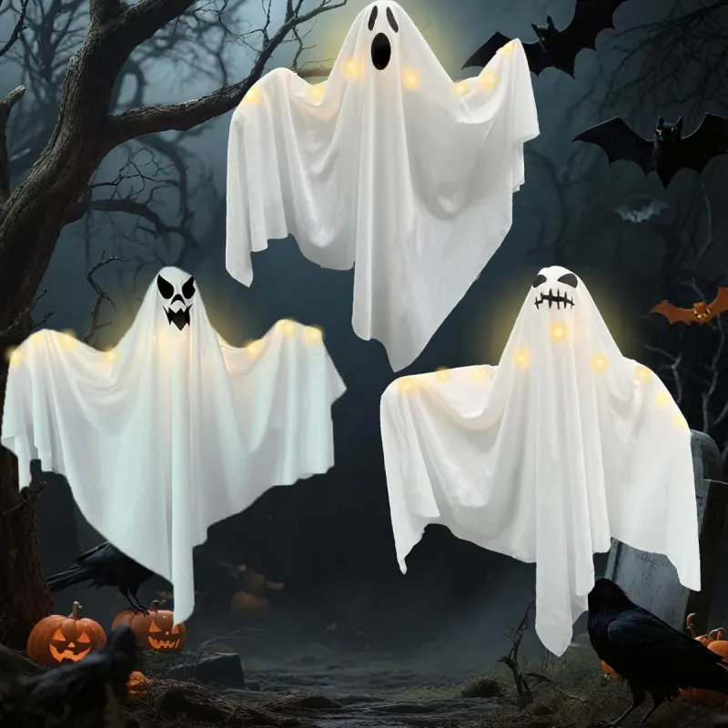 Fantasmas colgantes de Halloween con luz LED: set de 3