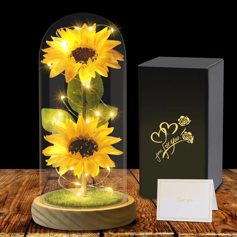 Girasol artificial con luz: cúpula de cristal con dos flores
