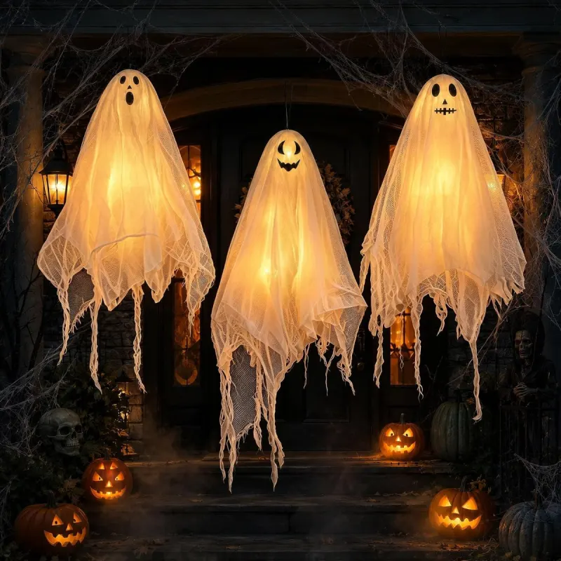 Luces fantasma Halloween: pack de 3 fantasmas LED colgantes