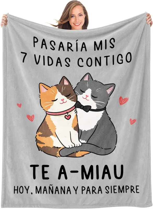Manta romántica para pareja con gatos y mensaje de amor