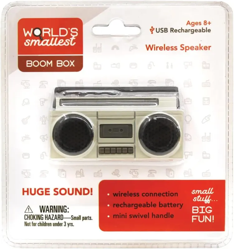 Mini boombox: 8,3 × 3,8 cm, inalámbrico y con manivela