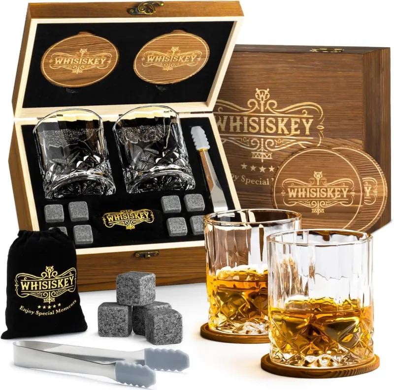 Piedras de whisky Whisiskey: set de vasos y caja de madera