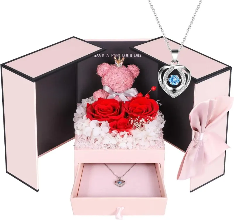 Rosa Eterna con Collar y Oso: 3 Rosas Rojas Preservadas