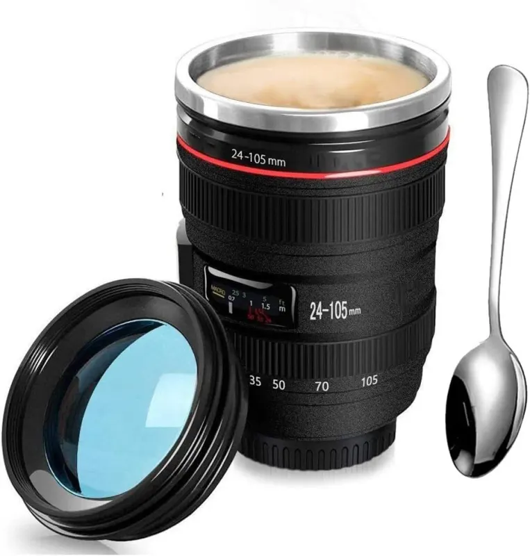 Taza lente de cámara con tapa, 350 ml