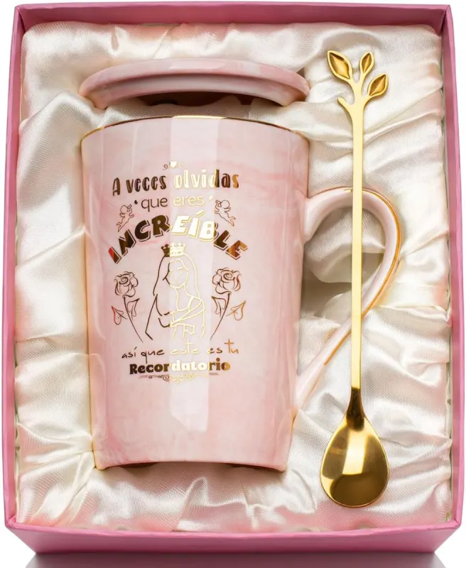Taza Regalo Mujer 400 ml de Mármol con Tapa y Cuchara