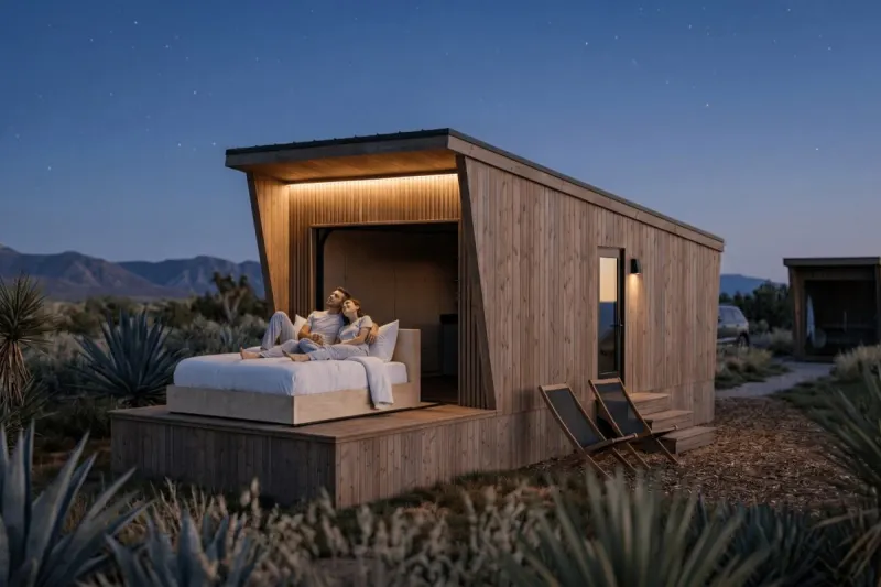 The Atlas: una tiny house moderna con cama que sale a la terraza