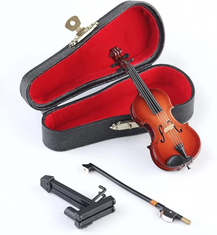 Violín en miniatura de madera con arco, soporte y funda