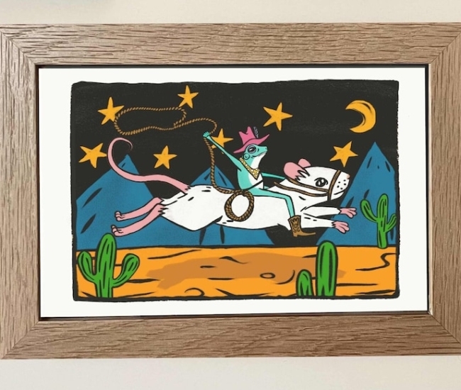 Framed Cowboy Frog Riding Mouse Print - cuadro de arte divertido y colorido